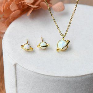White Fire Opal Planet Stud Earrings Saturn Earrings Gold Plated Opal Earrings